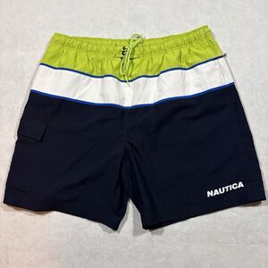 Nautica Men’s Swim Trunks XXL Neon Yellow Blue Colorblock Board Shorts Lined